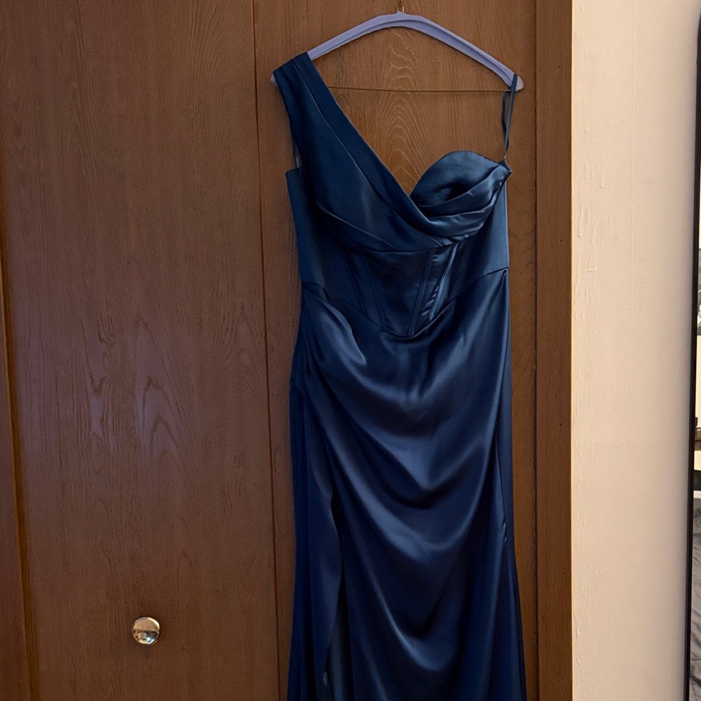 Audra Gown One-Shoulder Luxe Satin corset Evening Dress in French navy